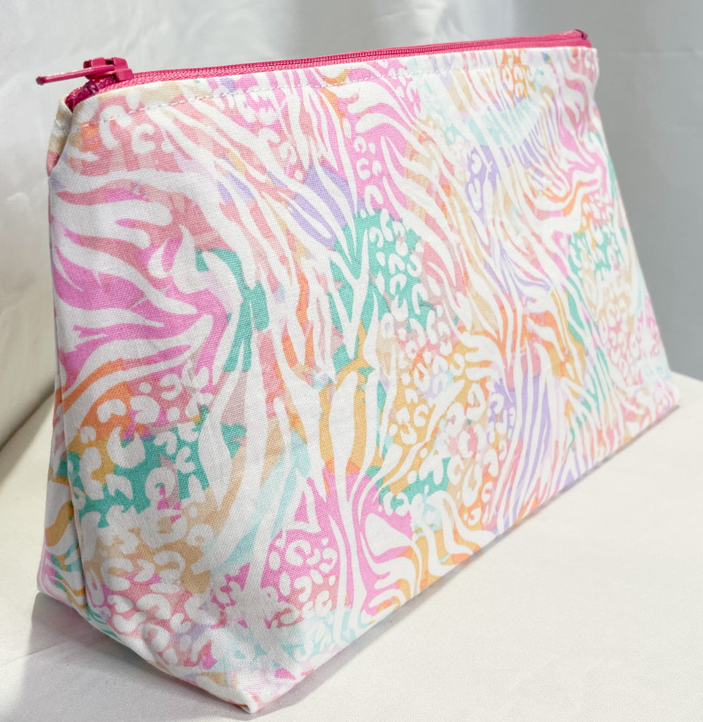 Coral with pink and white flowers linigng Beauty Bag