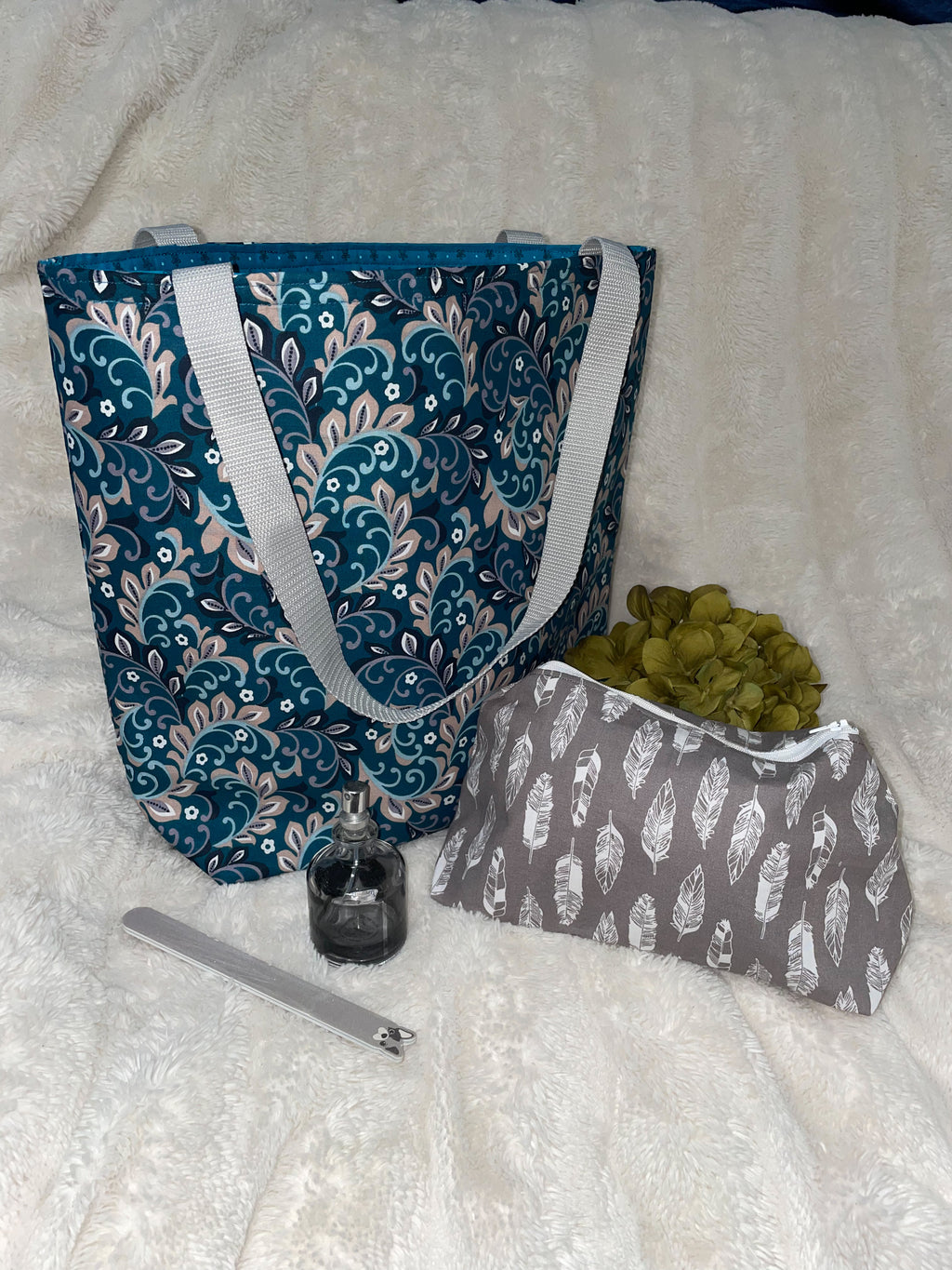 Reversible Teal with gray, white and blue tote