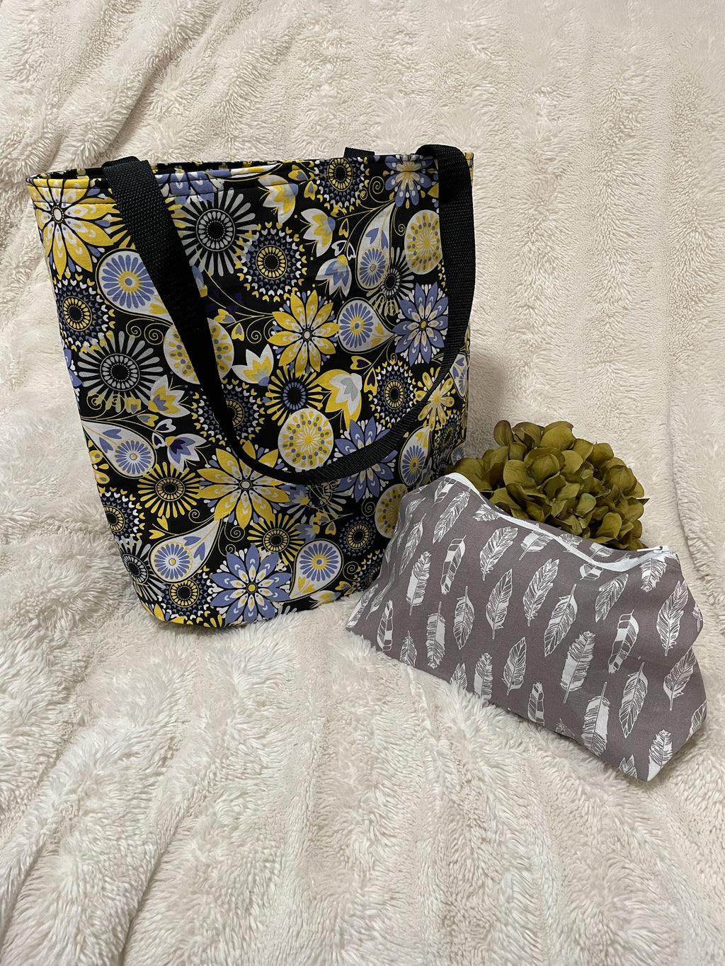 Reversible Black tote with yellow and periwinkle